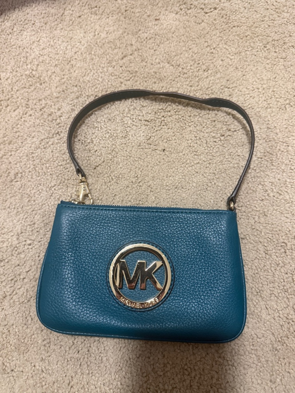 Michael Kors Teal Leather Mini Wristlet with Gold MK Logo